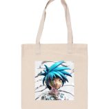 Custom tote bag featuring a vibrant anime character with blue hair and detailed design.