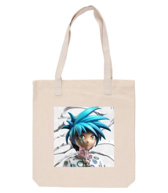 Custom tote bag featuring a vibrant anime character with blue hair and detailed design.
