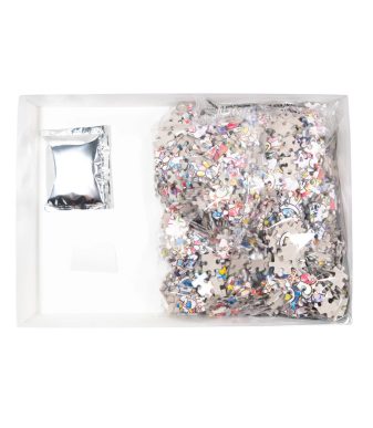 Takashi Murakami skulls and flowers jigsaw puzzle with vibrant colors and intricate design.
