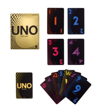 Premium UNO Gold Edition playing cards for collectors and game enthusiasts.