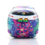 Miniature helmet inspired by Lewis Hamilton and Takashi Murakami collaboration, featuring vibrant fl.
