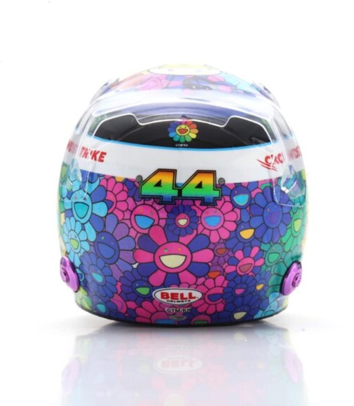 Lewis Hamilton × Takashi Murakami Miniature Helmet Miniature helmet inspired by Lewis Hamilton and Takashi Murakami collaboration, featuring vibrant fl.