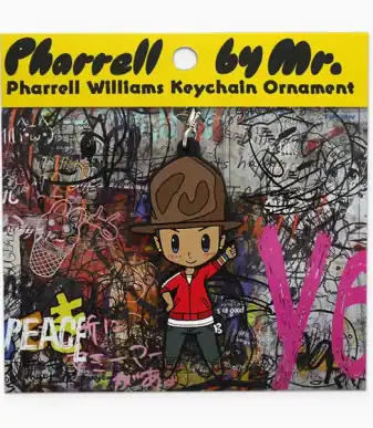 Pharrell Williams keychain ornament with grey hat, inspired by Mr. artwork.