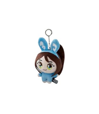 Plush keychain featuring a adorable bunny character with blue ears, winking face, and detailed embro.