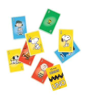 Colorful Peanuts-themed UNO card game featuring classic characters from the Peanuts comic strip.