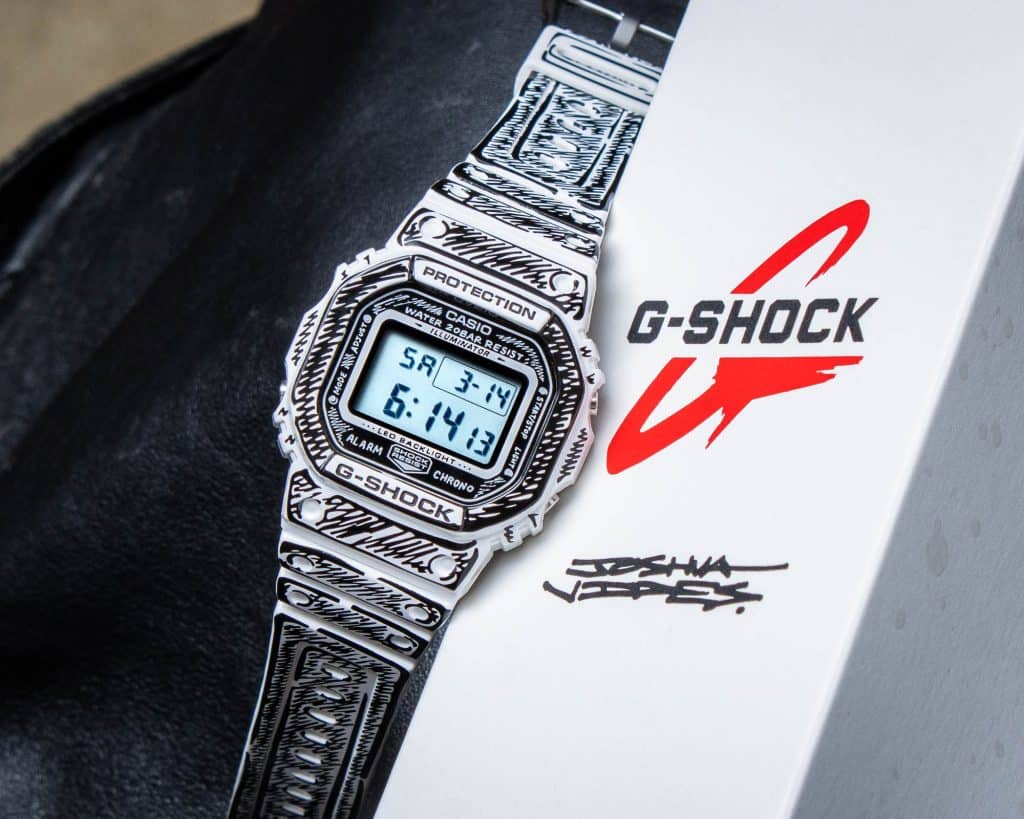 Limited edition Casio G-SHOCK DW-5600JV-7JR with Joshua Vides artwork, durable and stylish.