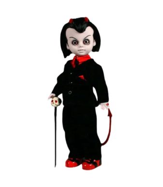 Lou Sapphire Living Dead Dolls figure with black outfit and red accents.