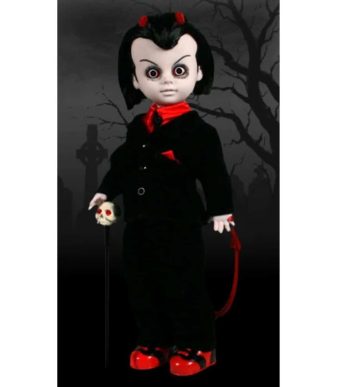 Lou Sapphire Living Dead Dolls with devil horns, black suit, and red accents.