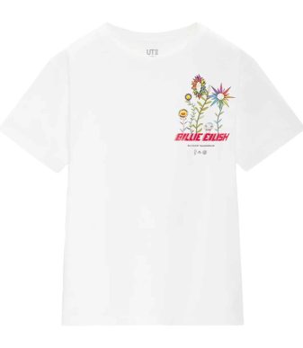 White Billie Eilish x Takashi Murakami graphic T-shirt with floral design.