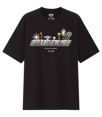 Black Billie Eilish x Takashi Murakami collaboration T-shirt with vibrant floral design.