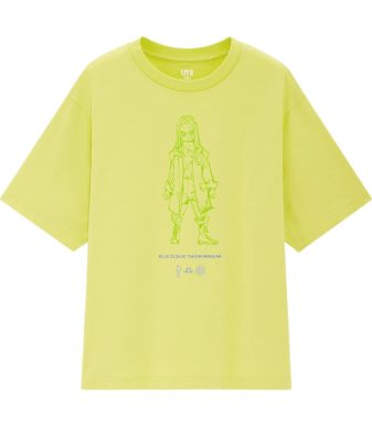 Neon yellow Billie Eilish x Takashi Murakami outline character T-shirt for fans.
