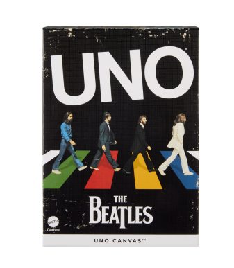UNO The Beatles card game on canvas featuring iconic band members.