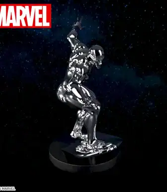 Silver Surfer collectible figure in chrome finish, inspired by Marvel's cosmic hero, perfect for Mar.