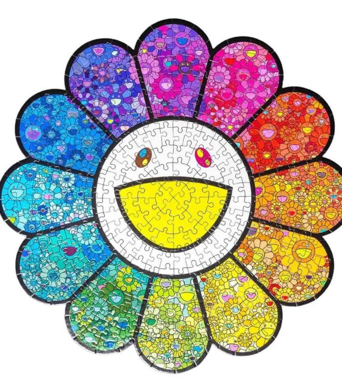 Colorful flower-shaped jigsaw puzzle with a smiling face design. Bright, vibrant puzzle featuring a cheerful flower with a smiling face, perfect for kids and collect.