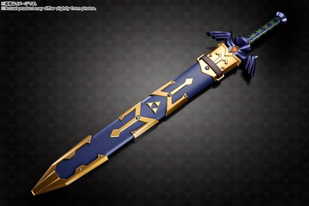 Detailed image of the Master Sword with blue and gold accents, iconic for The Legend of Zelda series.