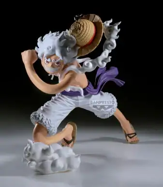 Luffy Gear 5 action figure from One Piece, detailed design, dynamic pose, collectible anime merchand.