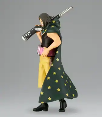 Anime character figure holding a large weapon on shoulder, wearing a starry cape and casual outfit.