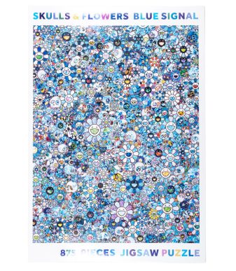 Takashi Murakami Blue Signal puzzle with skulls and flowers, 875-piece jigsaw art piece.
