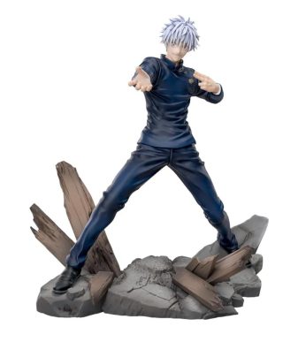 Satoru Gojo action figure from Jujutsu Kaisen, posed in a fierce battle stance on a detailed base.