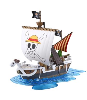 Detailed Pirate Ship model from One Piece with Skull and Crossbones sail and colorful sails.