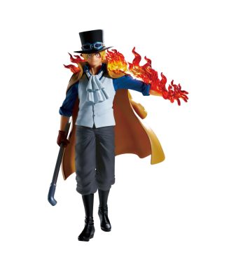 Highly detailed Sabo Logia figure from One Piece by Banpresto, featuring fiery effects and intricate.