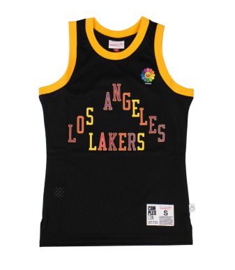 Vintage Los Angeles Lakers basketball jersey with colorful team logo.