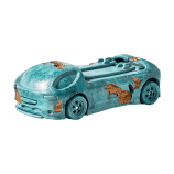 Vintage turquoise toy car with rust spots, collectible model from Rare Inventory.