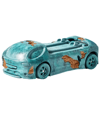 Vintage turquoise toy car with rust spots, collectible model from Rare Inventory.