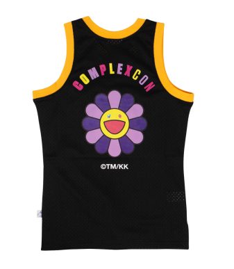 Black tank top with colorful flower and smiley face design, vibrant "ComplexCon" text.