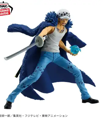 Detailed Trafalgar Law action figure from One Piece, featuring dynamic pose and intricate design.