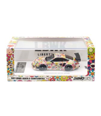 Limited edition Liberty Walk x Sanrio Sunflowers diecast car in colorful floral design.