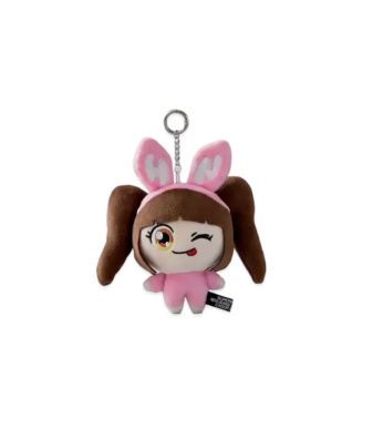 Plush keychain featuring a winking bunny girl with pink ears and brown hair, perfect for collectible.