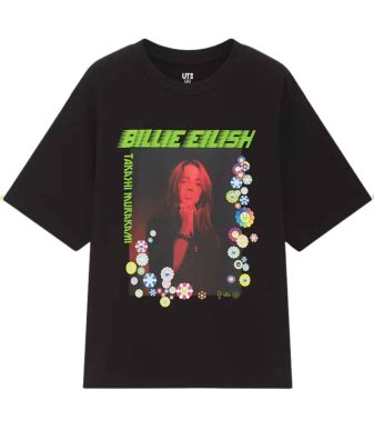 Black Billie Eilish graphic T-shirt with colorful floral border and neon green text.