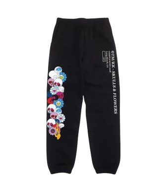 Black sweatpants featuring colorful floral graphic and text print, casual streetwear style.