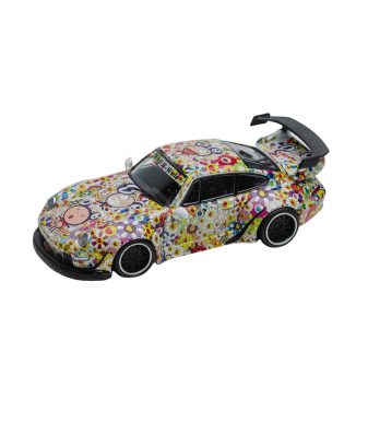 Bright floral toy race car with vibrant colors and detailed graphics, perfect for collectors and ent.