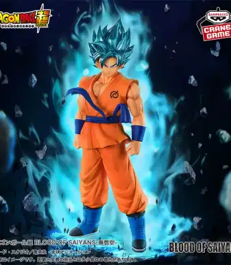 Highly detailed Goku action figure from Dragon Ball Super with blue hair and energy aura.