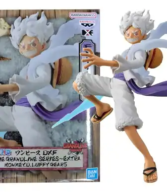 Detailed Monkey D. Luffy Gear 5 DXF action figure from One Piece, part of Banpresto's Grandline Seri.