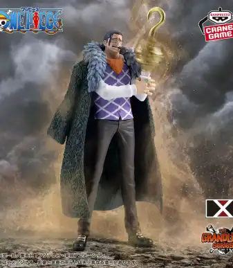 Anime character Crocodile from One Piece with hook and coat, collectible figure for fans.