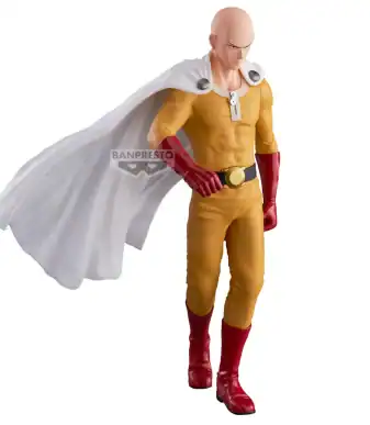 Highly detailed Saitama action figure from One Punch Man series.