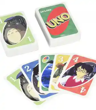 Colorful UNO card game featuring Totoro-themed illustrations and vibrant playing cards.