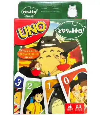 Brightly colored UNO card game with Totoro theme, perfect for family game nights and anime enthusias.