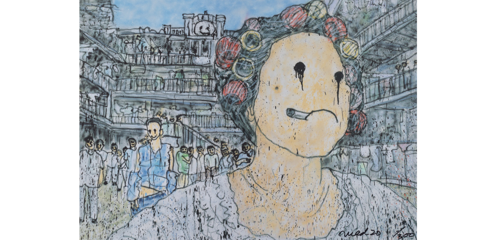 Artistic illustration of a woman wearing headphones amidst a busy marketplace, showcasing vibrant co.