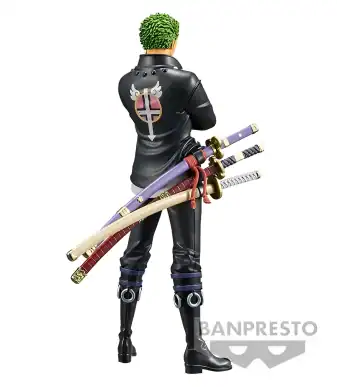 Roronoa Zoro figure from One Piece with swords, detailed design, and dynamic pose.