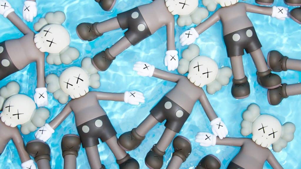 Robot toys floating in water with clouds and bubbles, creating a playful, whimsical scene.