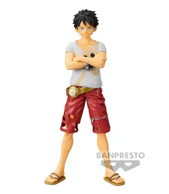 Luffy figure from One Piece Grandline Men series by Banpresto, featuring iconic pose and detailed de.