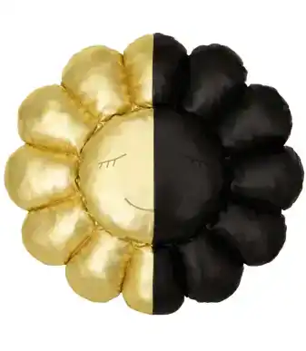 Gold and black foil balloon in flower shape with a cute smiling face, ideal for celebrations and par.