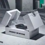 Eroded Mustang model car in clear display box on concrete surface.