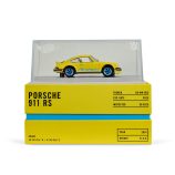 Diecast Porsche 911 RS model in clear display case, collectible car replica for enthusiasts.