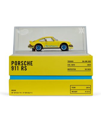 Diecast Porsche 911 RS model in clear display case, collectible car replica for enthusiasts.